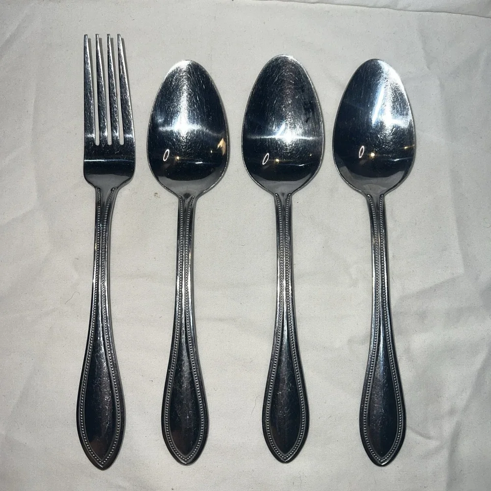 Pfaltzgraff Stainless Steel AMERICAN BEAD Lot of 3 Soup Spoons, 1 fork